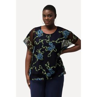 Ulla Popken  Blouse, broderie florale, doublée, col rond, manches courtes 