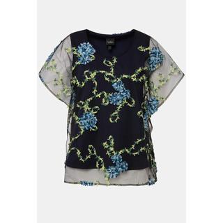 Ulla Popken  Blouse, broderie florale, doublée, col rond, manches courtes 