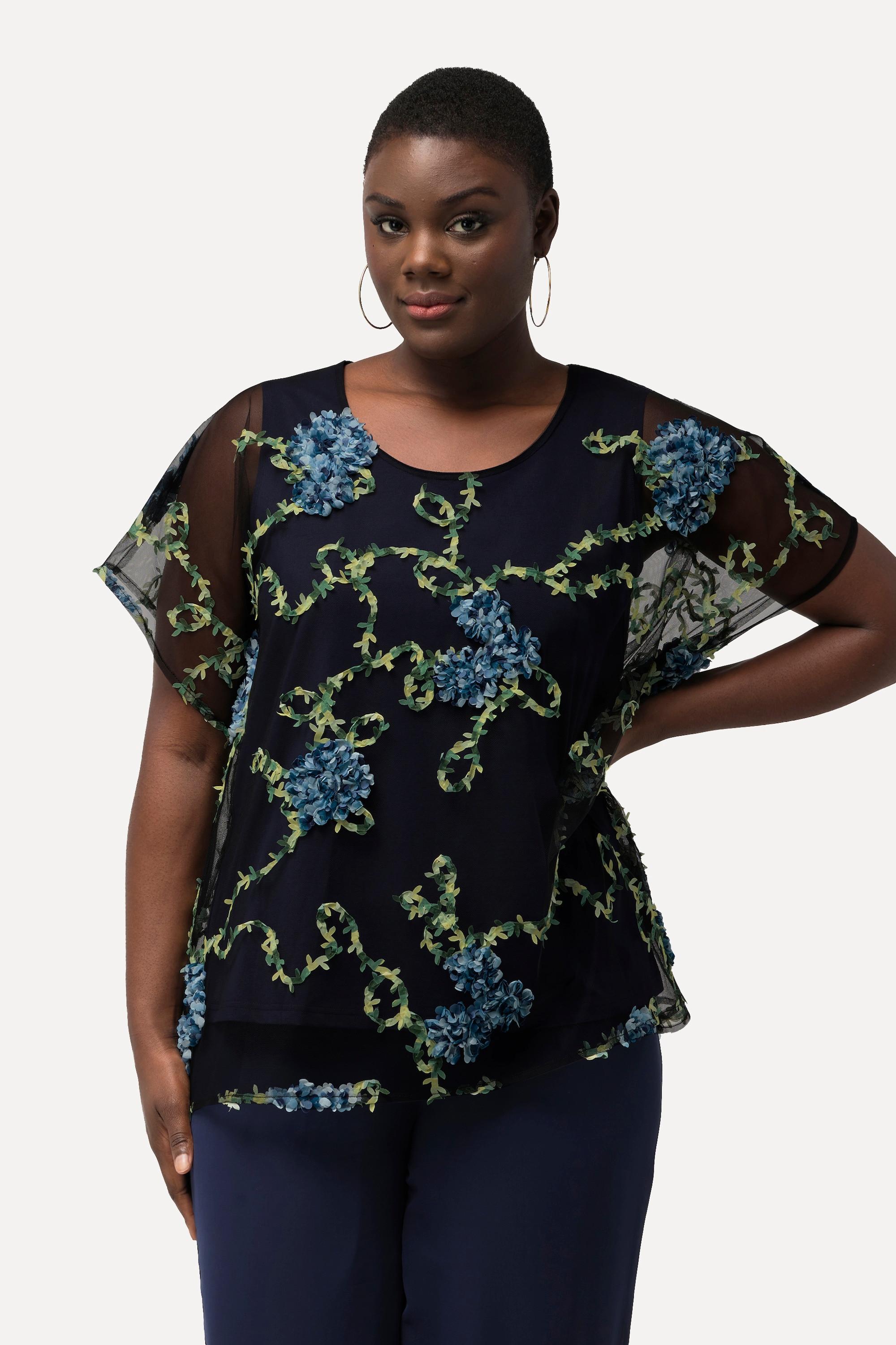 Ulla Popken  Blouse, broderie florale, doublée, col rond, manches courtes 