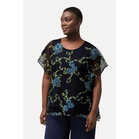 Ulla Popken  Blouse, broderie florale, doublée, col rond, manches courtes 