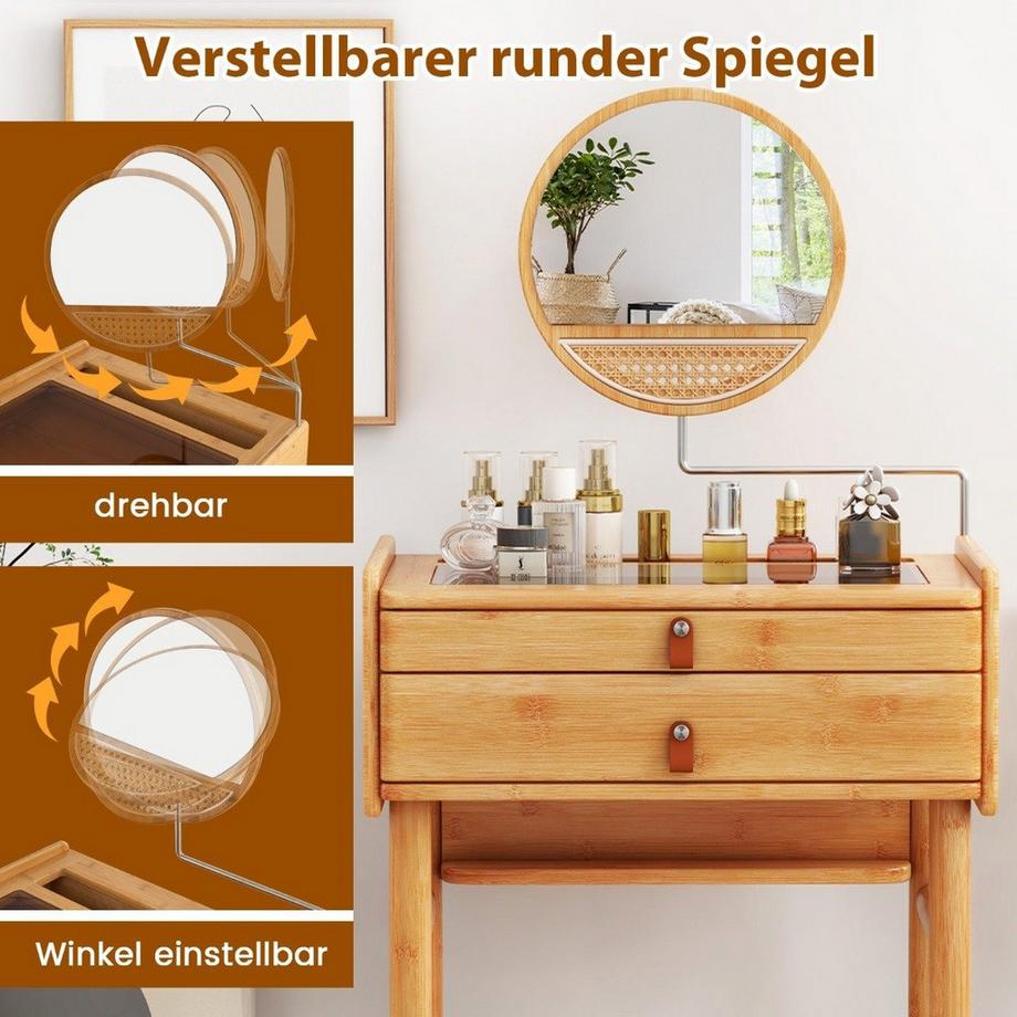 B2X  Coiffeuse avec miroir et 2 tiroirs Petite table de maquillage avec plateau en verre trempé et espace de rangement 