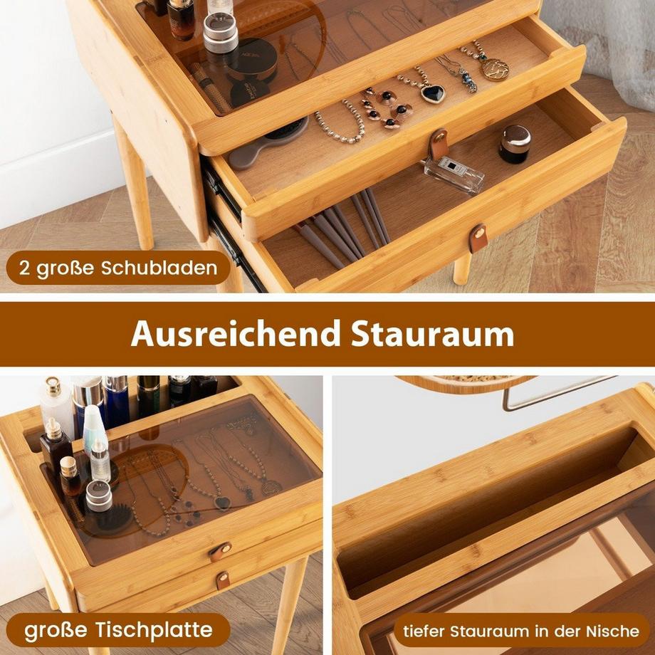 B2X  Coiffeuse avec miroir et 2 tiroirs Petite table de maquillage avec plateau en verre trempé et espace de rangement 