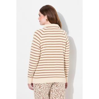 Ulla Popken  maglione troyer, a righe, collo alto, zip, manica lunga, cotone biologico 