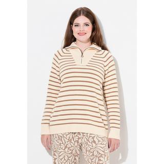 Ulla Popken  maglione troyer, a righe, collo alto, zip, manica lunga, cotone biologico 