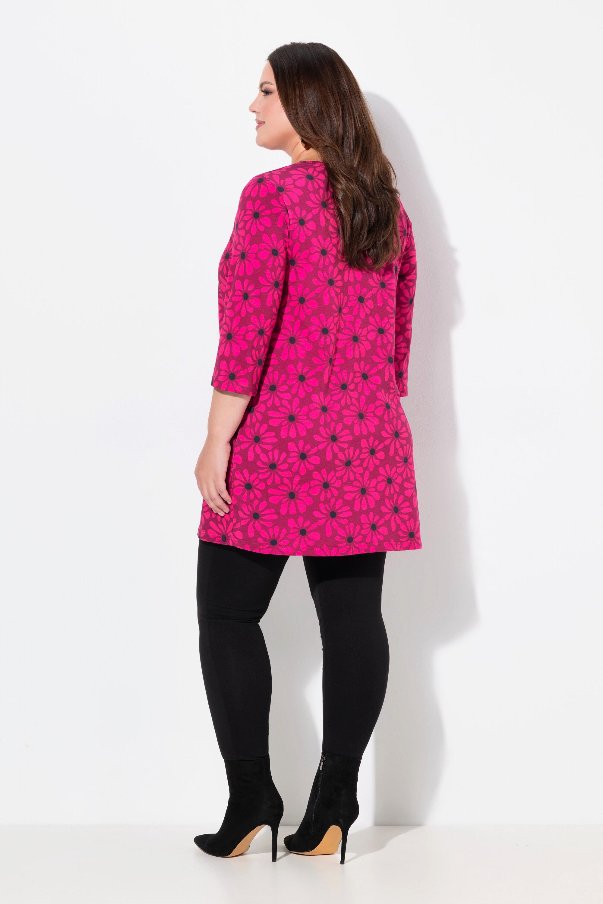 Ulla Popken  Longshirt, Blüten, A-Linie, V-Ausschnitt, 3/4-Arm 