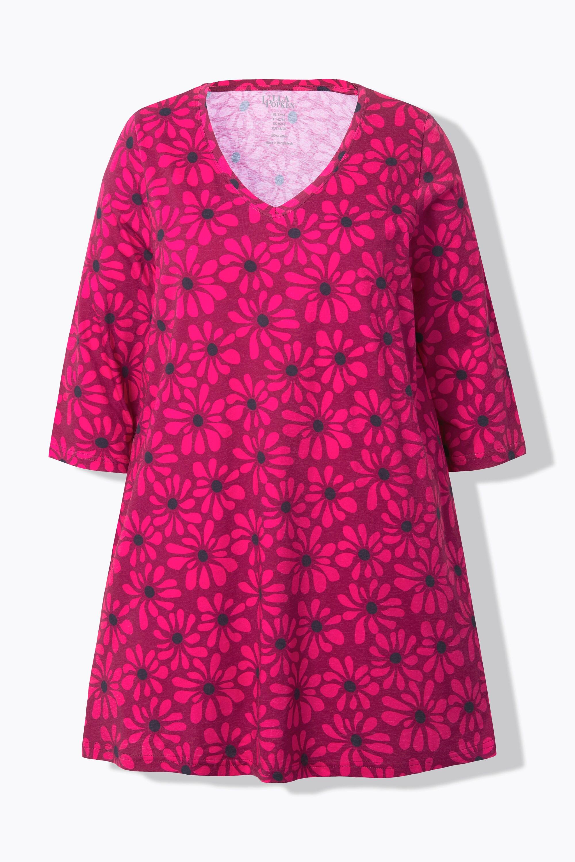 Ulla Popken  Longshirt, Blüten, A-Linie, V-Ausschnitt, 3/4-Arm 