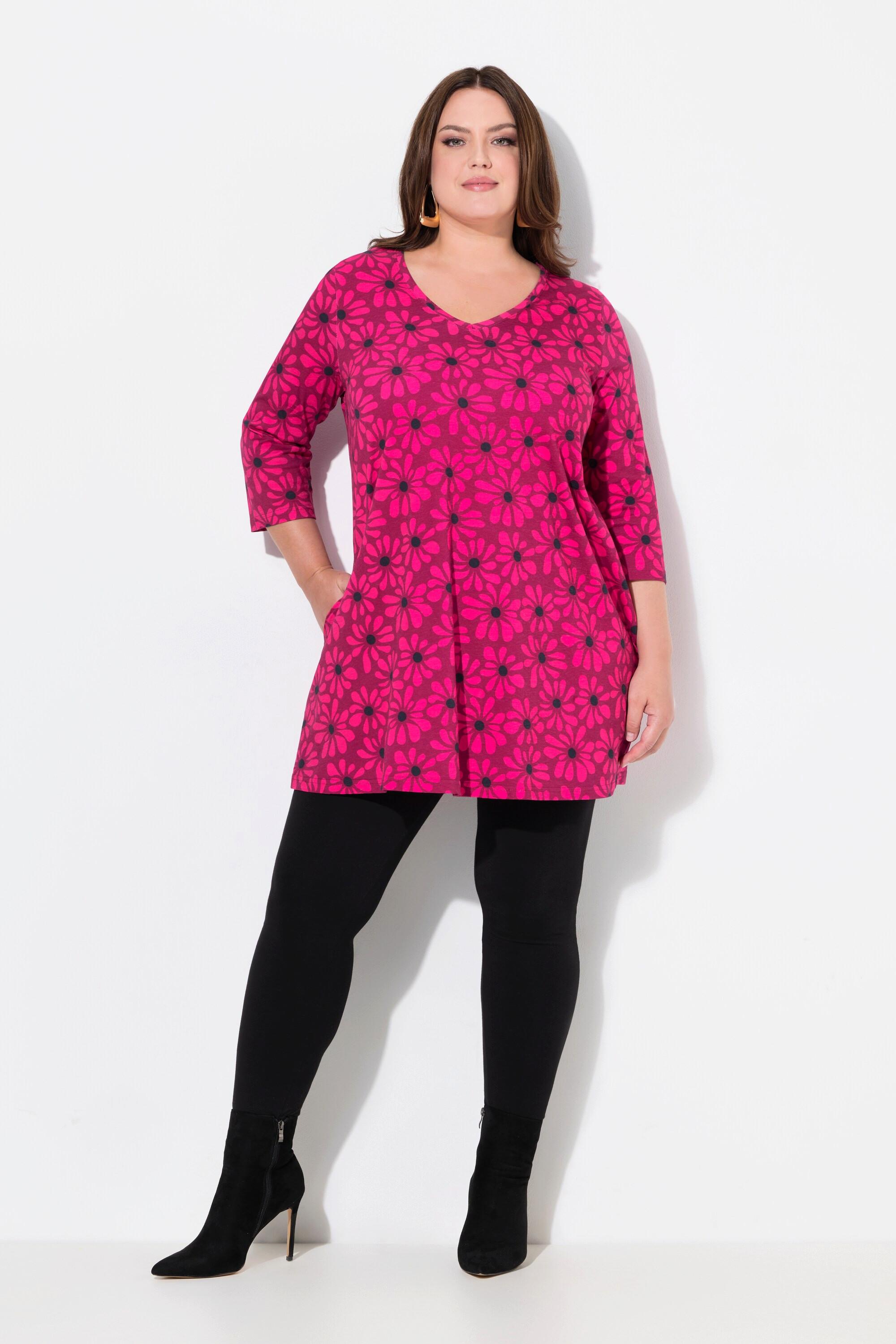 Ulla Popken  Longshirt, Blüten, A-Linie, V-Ausschnitt, 3/4-Arm 