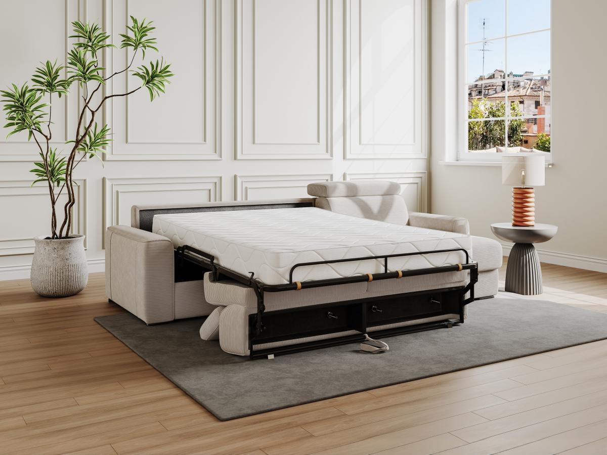 Vente-unique Canapé d'angle réversible convertible express en velours côtelé beige - Couchage à lattes larges160 cm - Matelas 22 cm mémoire de forme - VIZIR  