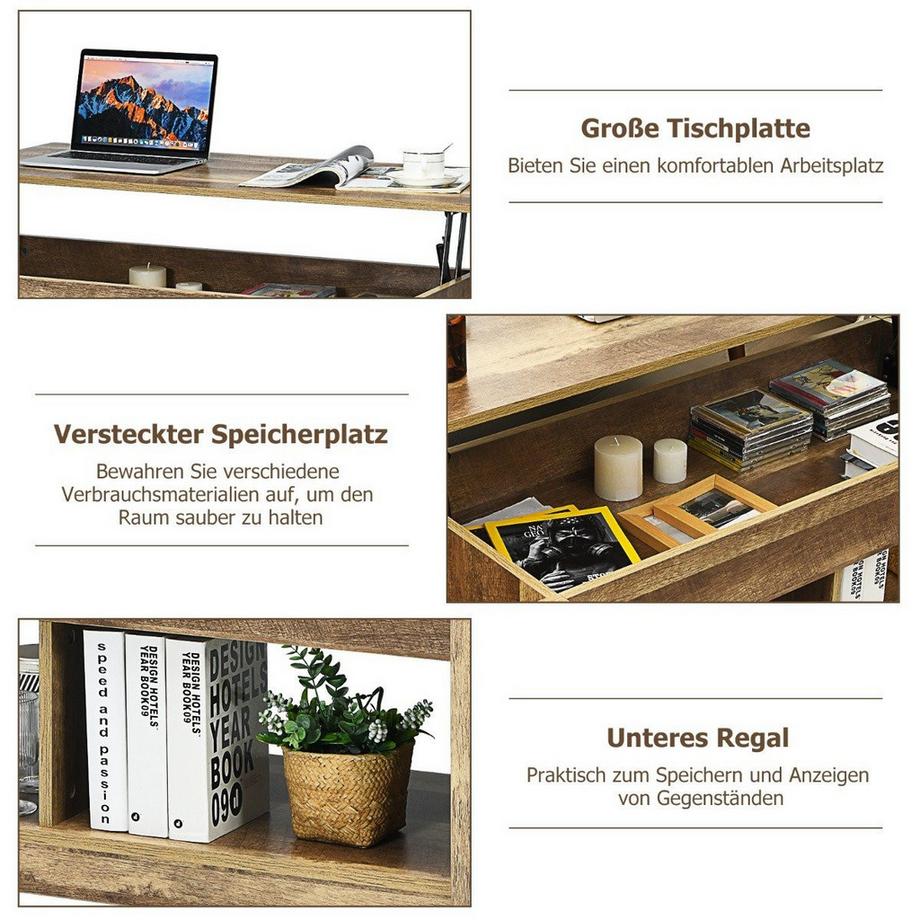 Northio Couchtisch mit anzuhebender Tischplatte Multifunktions-Akzentmöbel mit versteckten Fächern & Regalen Eiche  