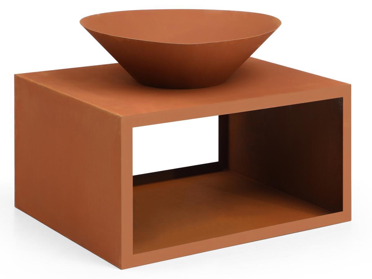 Vente-unique Brasero en acier Corten avec range bûches - L90 x H67,5 x P75 cm - BEZIO  