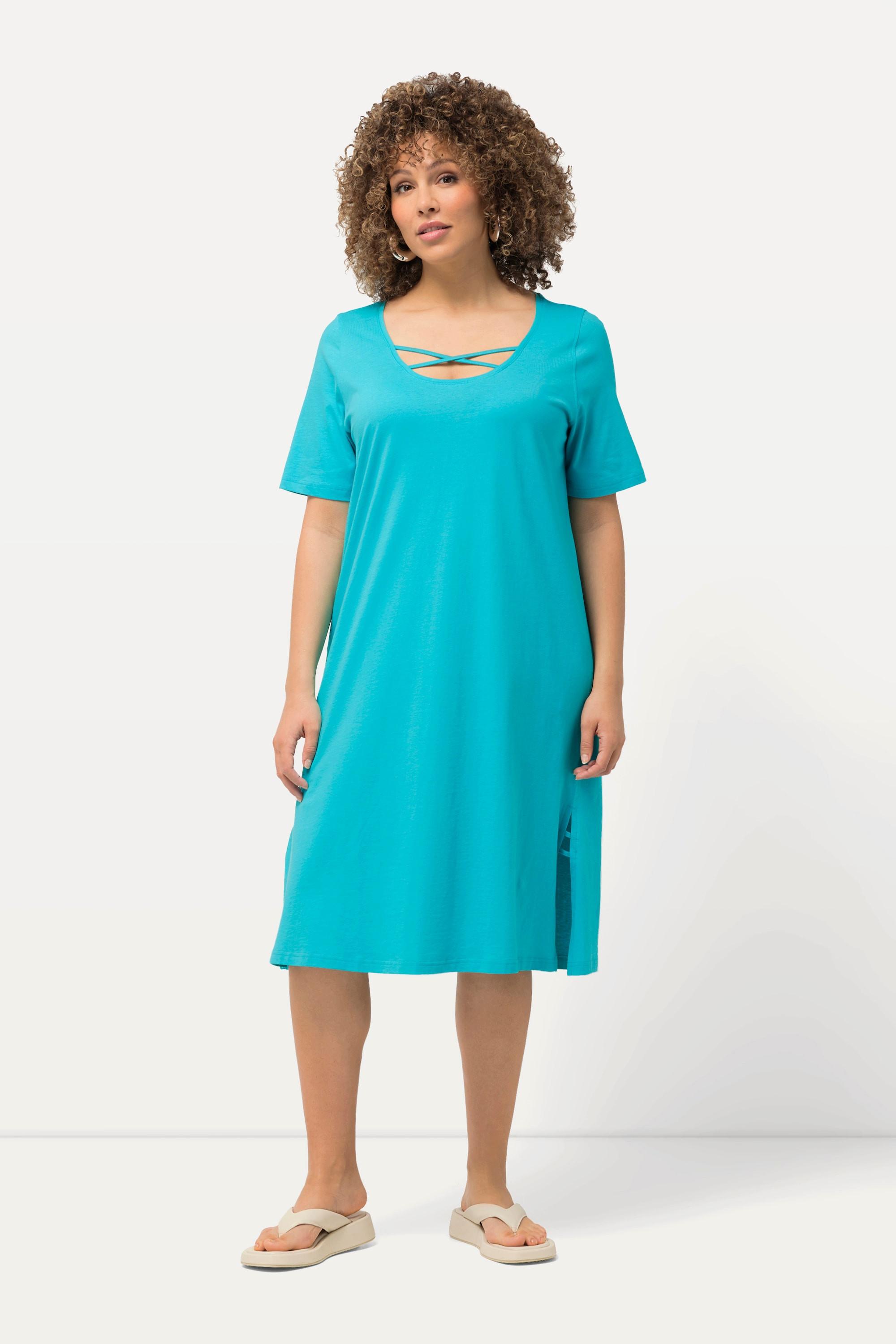 Ulla Popken  Jerseykleid, Zierbänder, A-Linie, Rundhals, Halbarm 