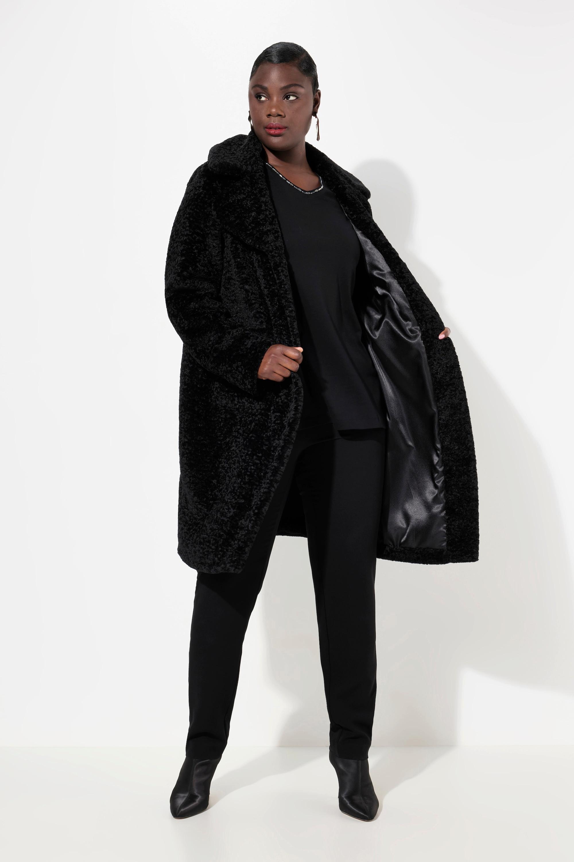 Ulla Popken Cappotto Pelliccia Sintetica Effetto Persiano Collo Revers  