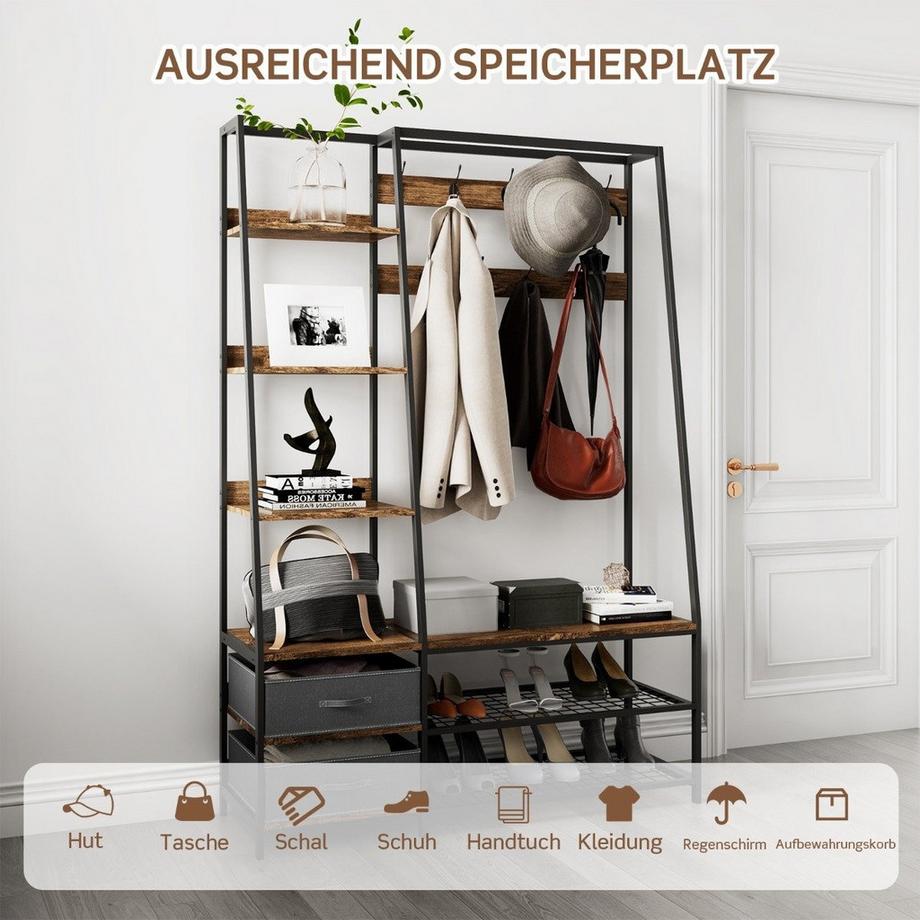 Northio  Industrielle Garderobe mit Schuhbank für den Eingangsbereich 122x40x180 cm Rustikales Braun 