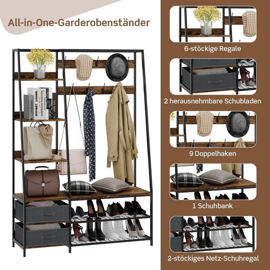 Northio  Industrielle Garderobe mit Schuhbank für den Eingangsbereich 122x40x180 cm Rustikales Braun 