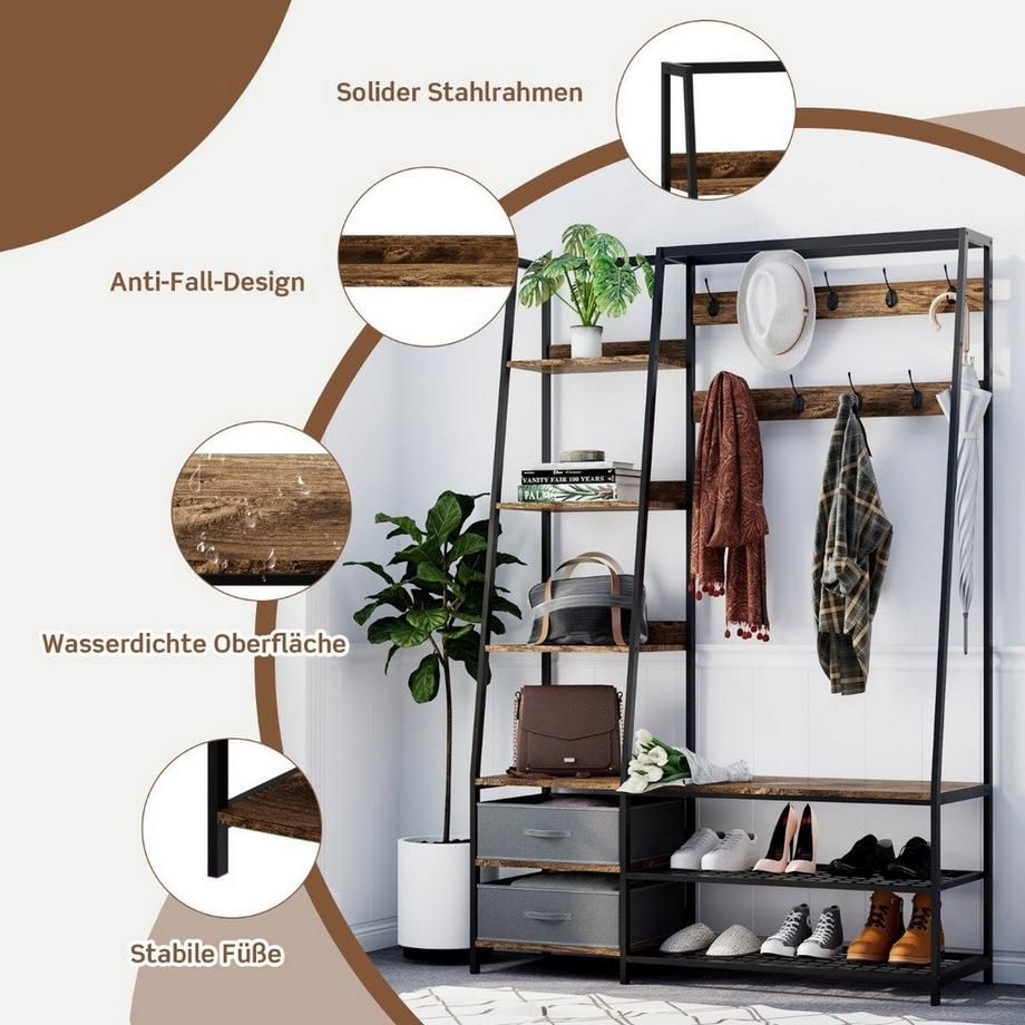 Northio  Industrielle Garderobe mit Schuhbank für den Eingangsbereich 122x40x180 cm Rustikales Braun 