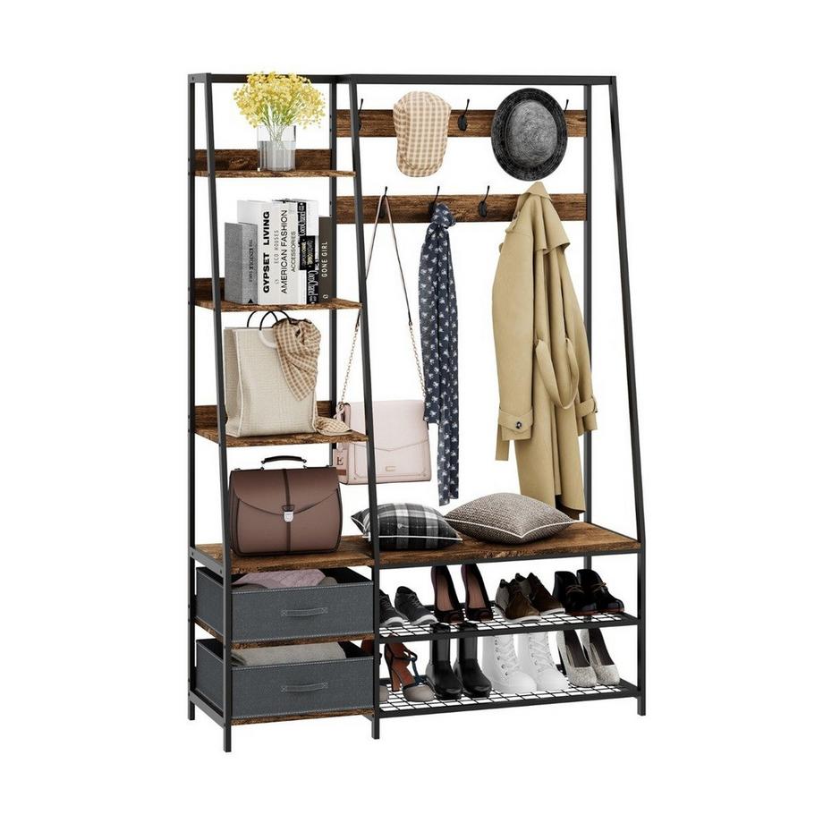 Northio  Industrielle Garderobe mit Schuhbank für den Eingangsbereich 122x40x180 cm Rustikales Braun 