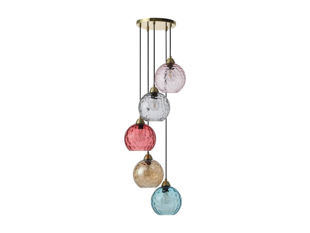 Vente-unique Lampadario colorato 5 sfere L. 40 x H. 120 cm in Metallo e Vetro Dorato e Multicolore - SUSANNE  