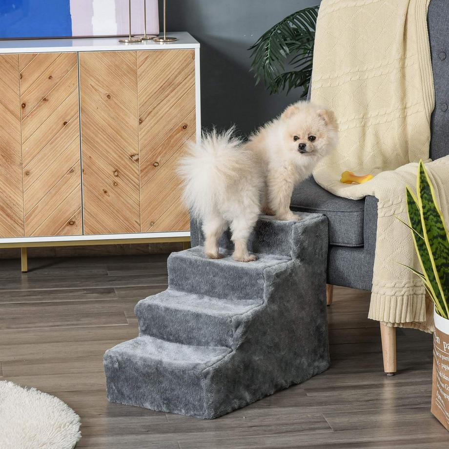 Northio  Pet Stairs Rampa Per Cani A 4 Gradini Con Copertura Rimovibile, Scale Per Gatti, Truciolato, Peluche, Grigio, 60X35X44Cm 