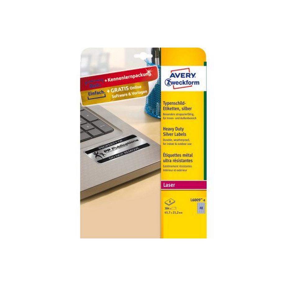 Avery-Zweckform L6009-8 Etichette 45.7 x 21.2 mm Pellicola in poliestere Argento 384 pz. Permanente Etichetta per cartel