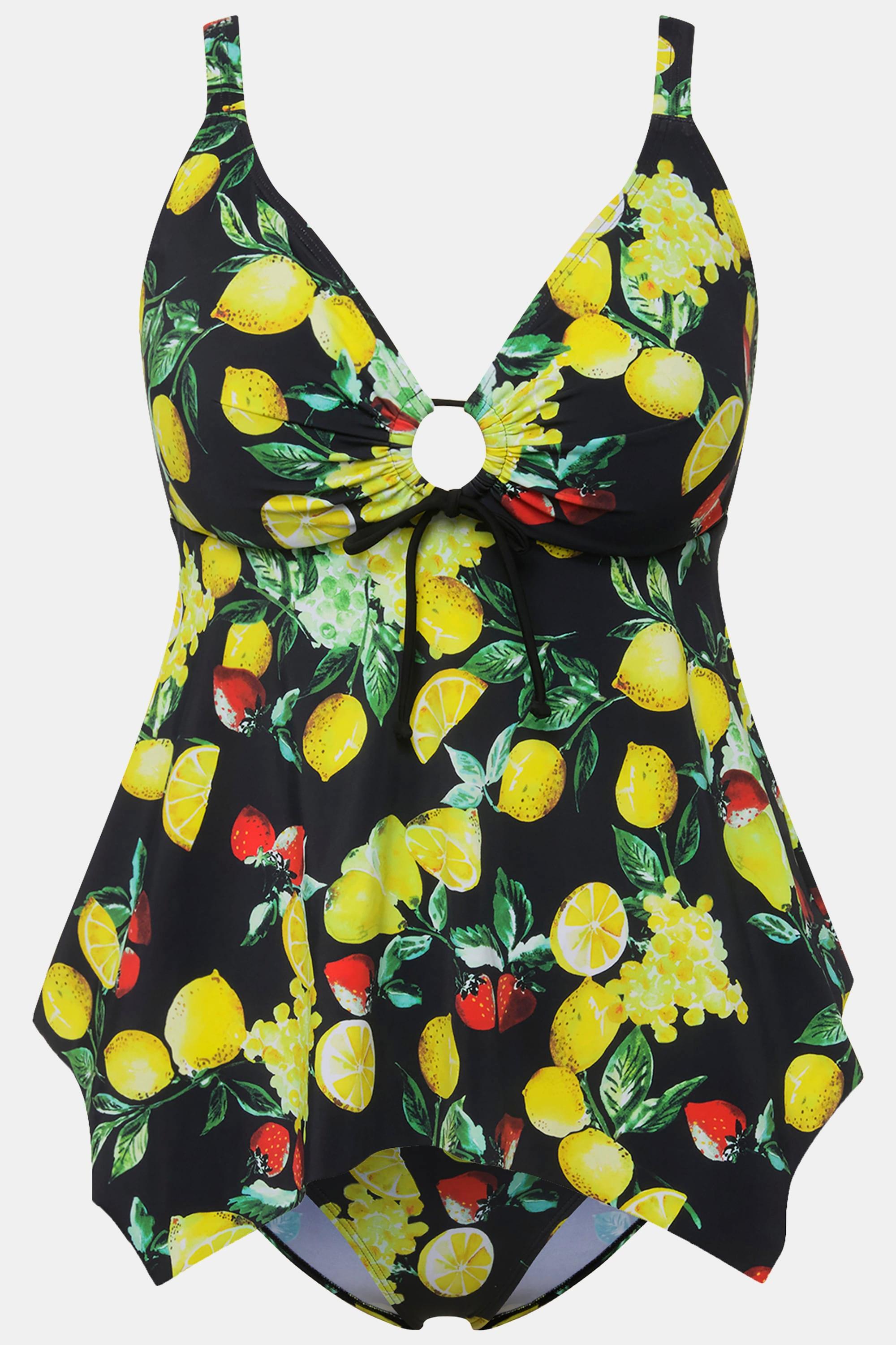 Ulla Popken  Tankini à motif citrons, bonnets souples et finition en pointe. Matière recyclée 