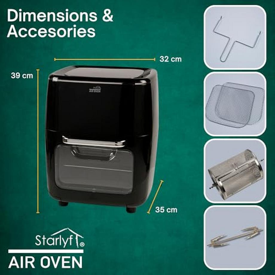 STARLYF  Air Oven XXL– Friteuse à air chaud de 12 litres avec 10 programmes et fonction rôtisserie, broche rotative, 1700 watts, sans huile 