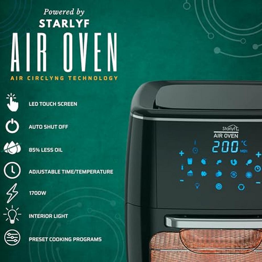 STARLYF  Air Oven XXL– Friteuse à air chaud de 12 litres avec 10 programmes et fonction rôtisserie, broche rotative, 1700 watts, sans huile 