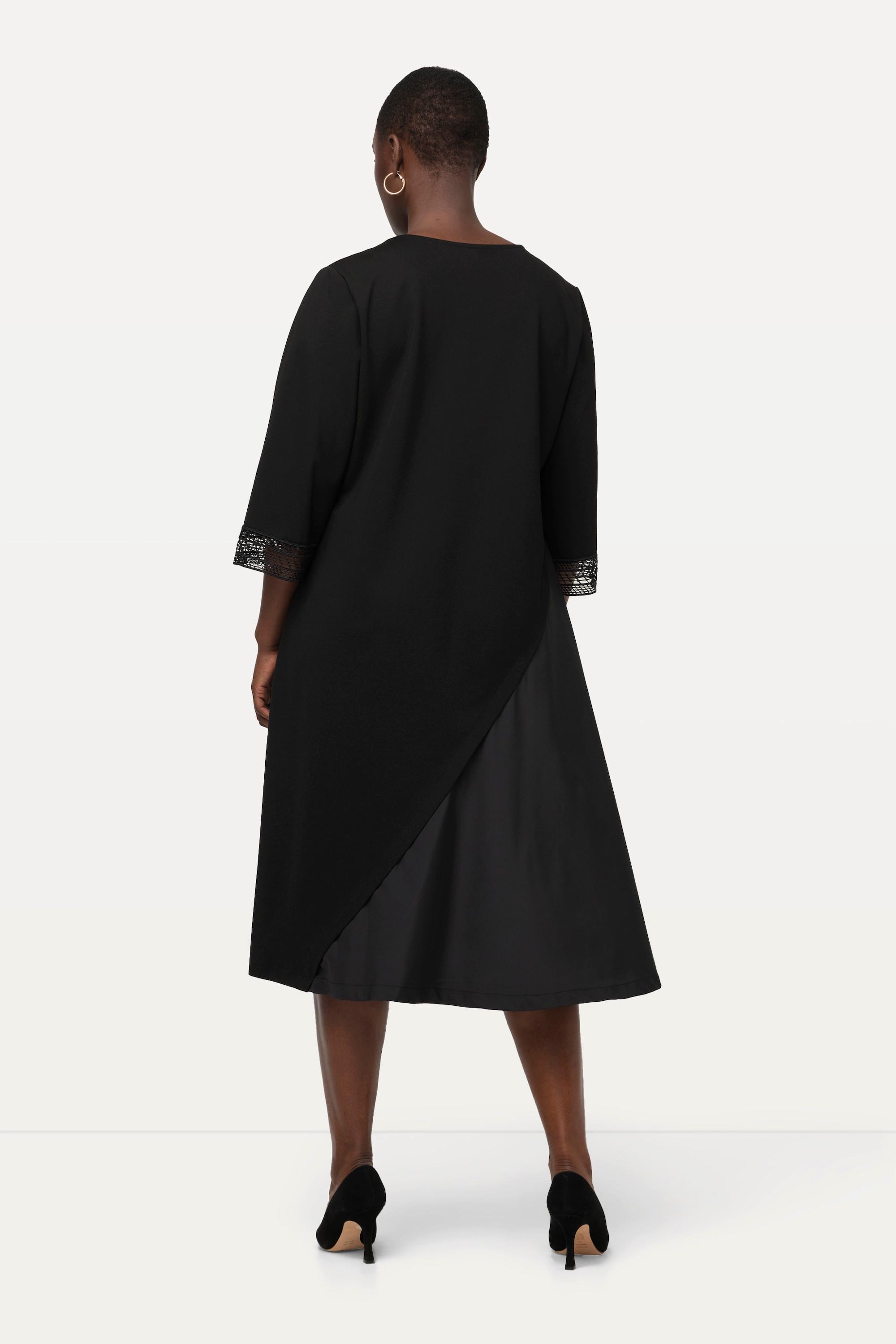 Ulla Popken  Robe midi en jersey, décolleté en V et manches 3/4, empiècement en taffetas 