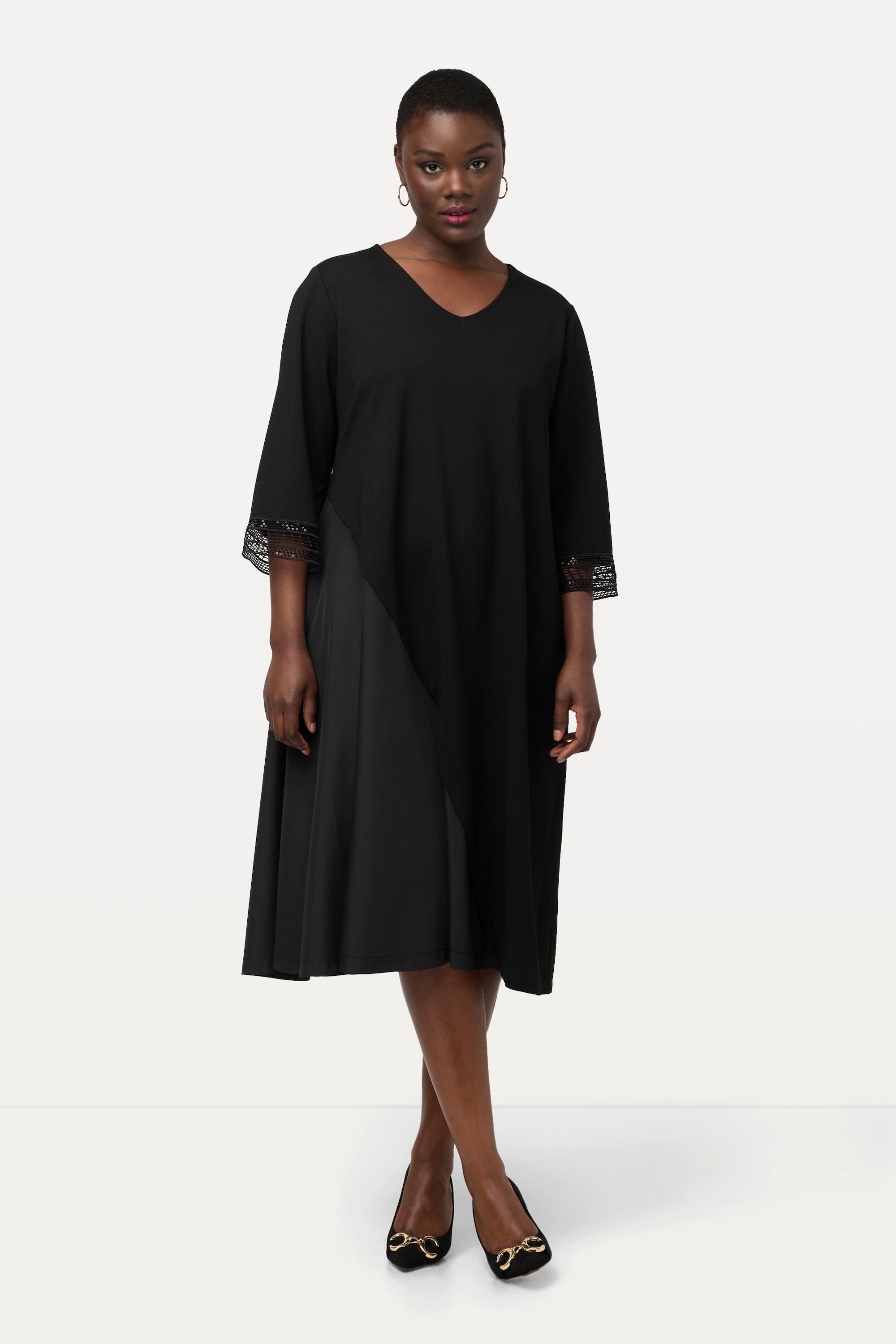 Ulla Popken  Robe midi en jersey, décolleté en V et manches 3/4, empiècement en taffetas 