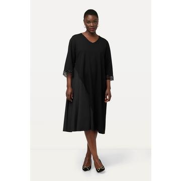 Robe midi en jersey, décolleté en V et manches 3/4, empiècement en taffetas