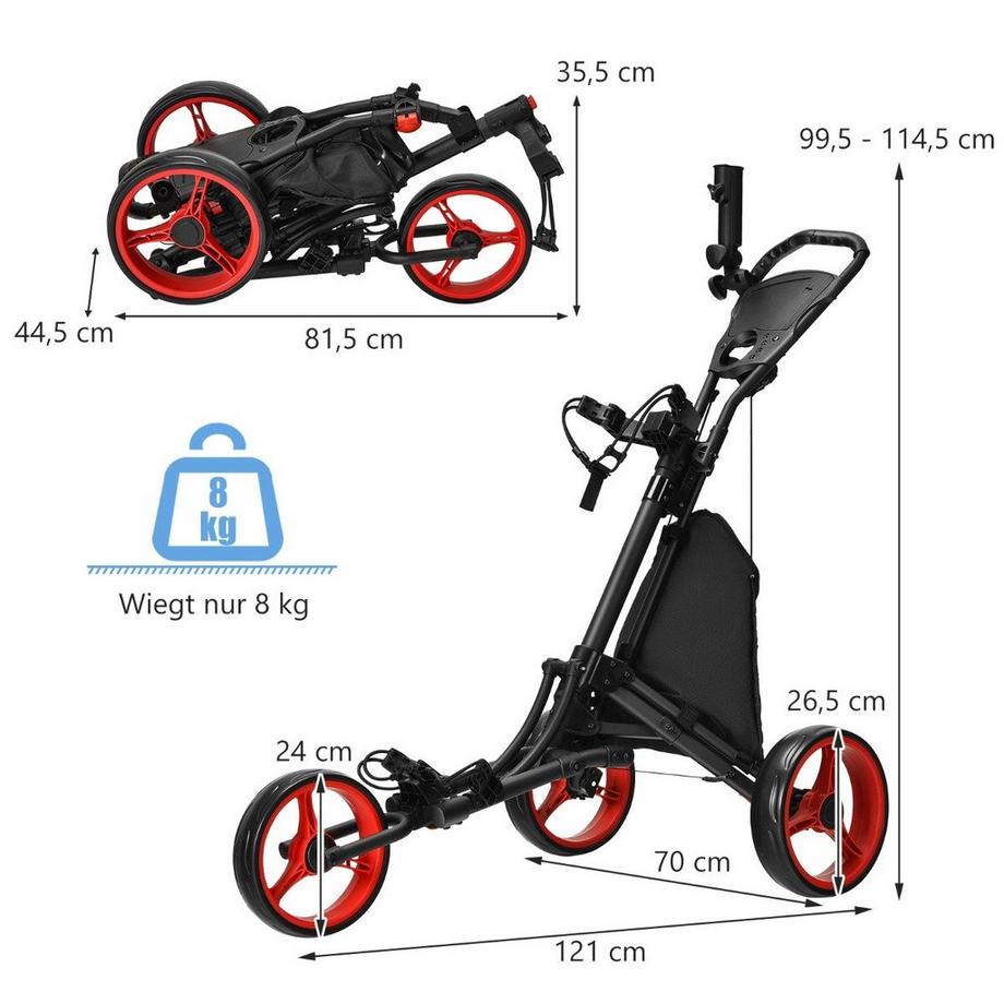 B2X  3 Rad Golf Trolley aus Aluminum mit Schirmhalter & T-Stückhalterung & Aufbewahrungstasche 