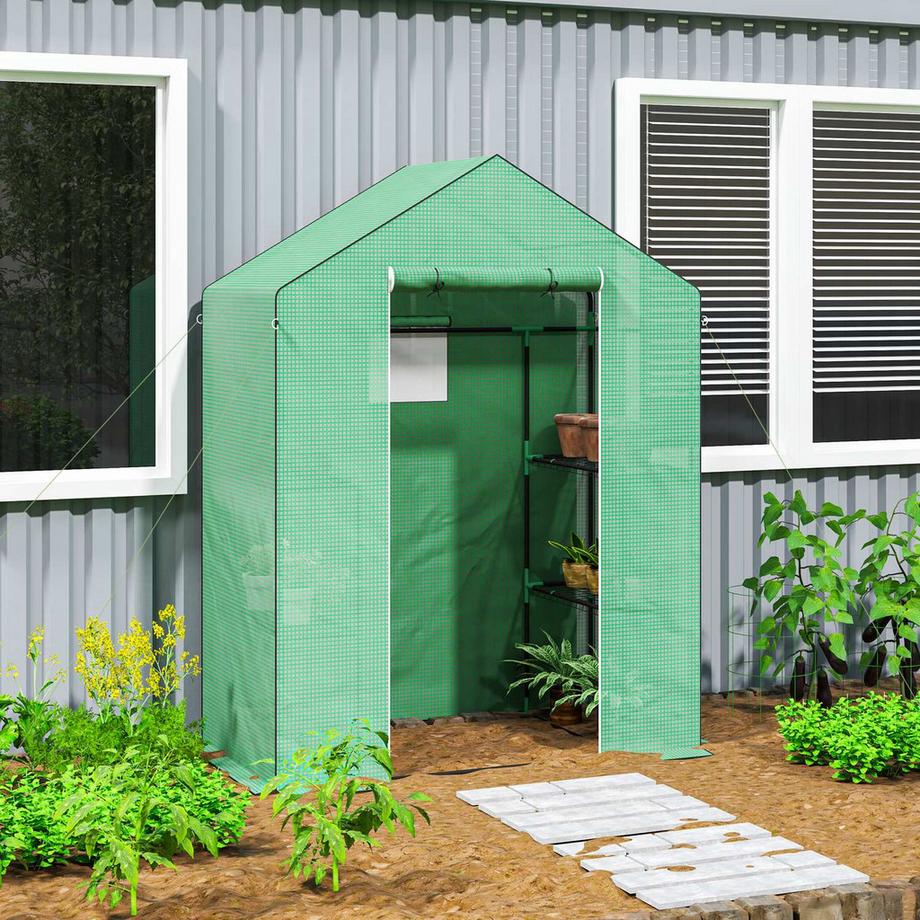 Northio Gewächshaus mit Rolltür, Fenster, Regale, winterfest Foliengewächshaus aus Stahl, Treibhaus für Balkon, Garten, Tomatenhaus 143 x 74 x 190 cm, Tomatengewächshaus für Tomaten, Gemüse, Grün Aosom  