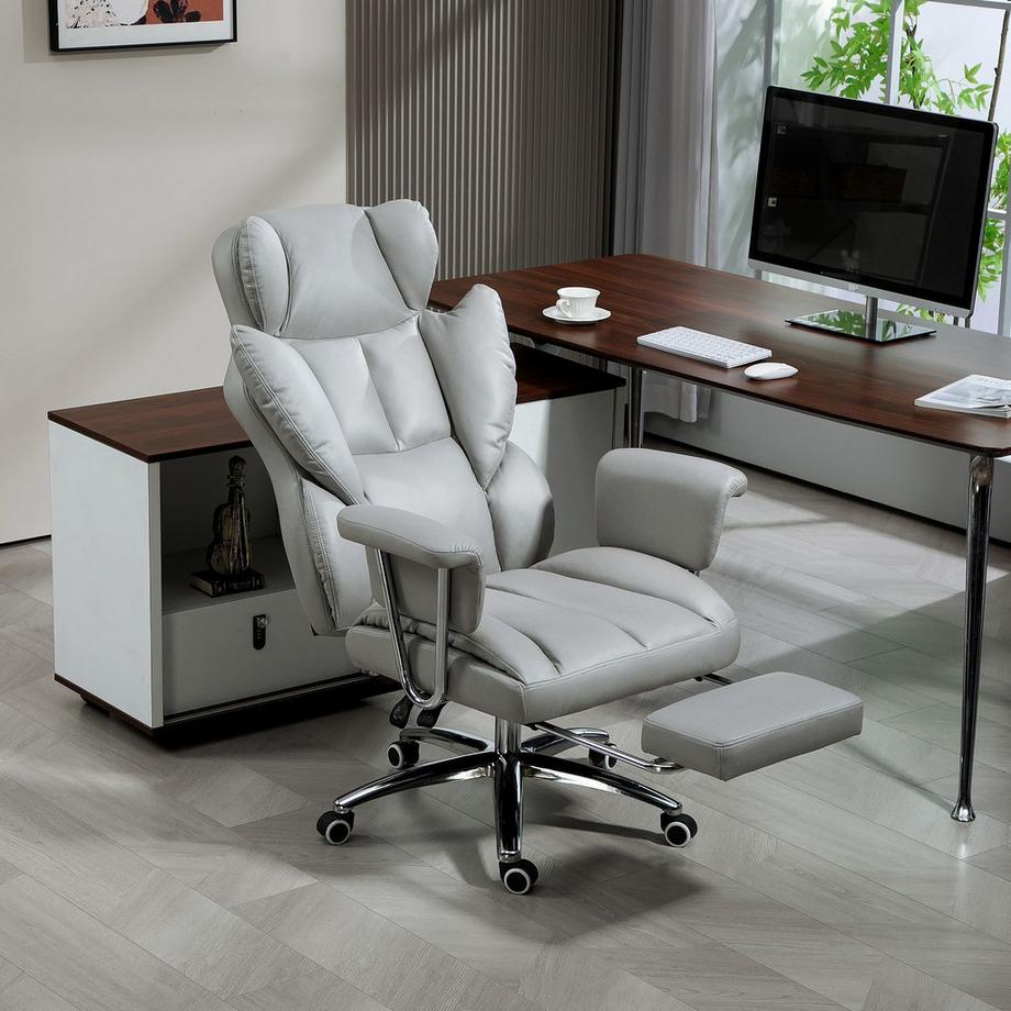 Northio Bürostuhl mit Liegefunktion, ergonomisch Schreibtischstuhl, höhenverstellbar Drehstuhl mit Fußstütze, gepolstert, bis 120 kg belastbar, für Büro, Arbeitszimmer, Hellgrau  