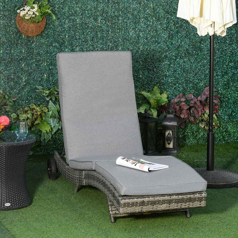 Northio Chaise longue de jardin en polyrotin avec coussin, mobilier de jardin en forme de S réglable sur 5 niveaux, métal gris, 207 x 70 x 70 cm  