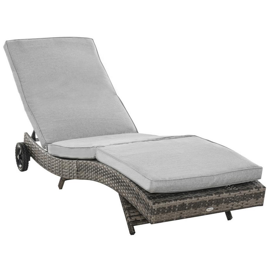 Chaise longue de jardin en polyrotin avec coussin, mobilier de jardin en forme de S réglable sur 5 niveaux, métal gris, 207 x 70 x 70 cm