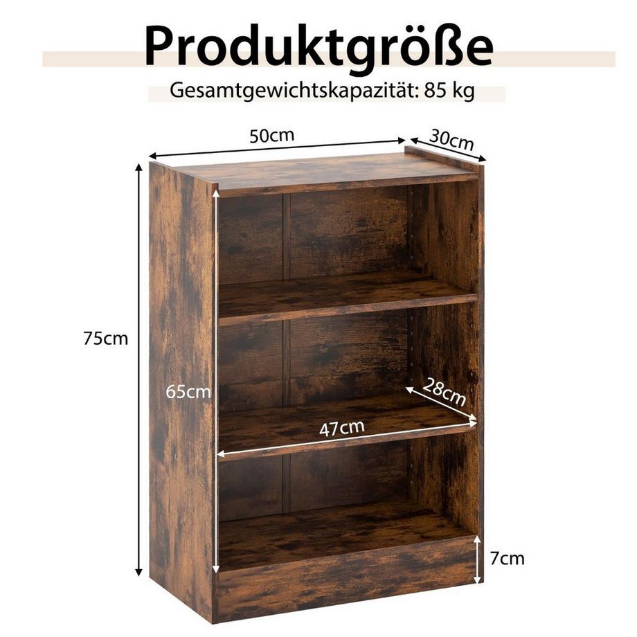 Northix 3-stöckiges Bücherregal offenes Ablageregal moderner Schrank 50 x 30 x 75 cm Braun  