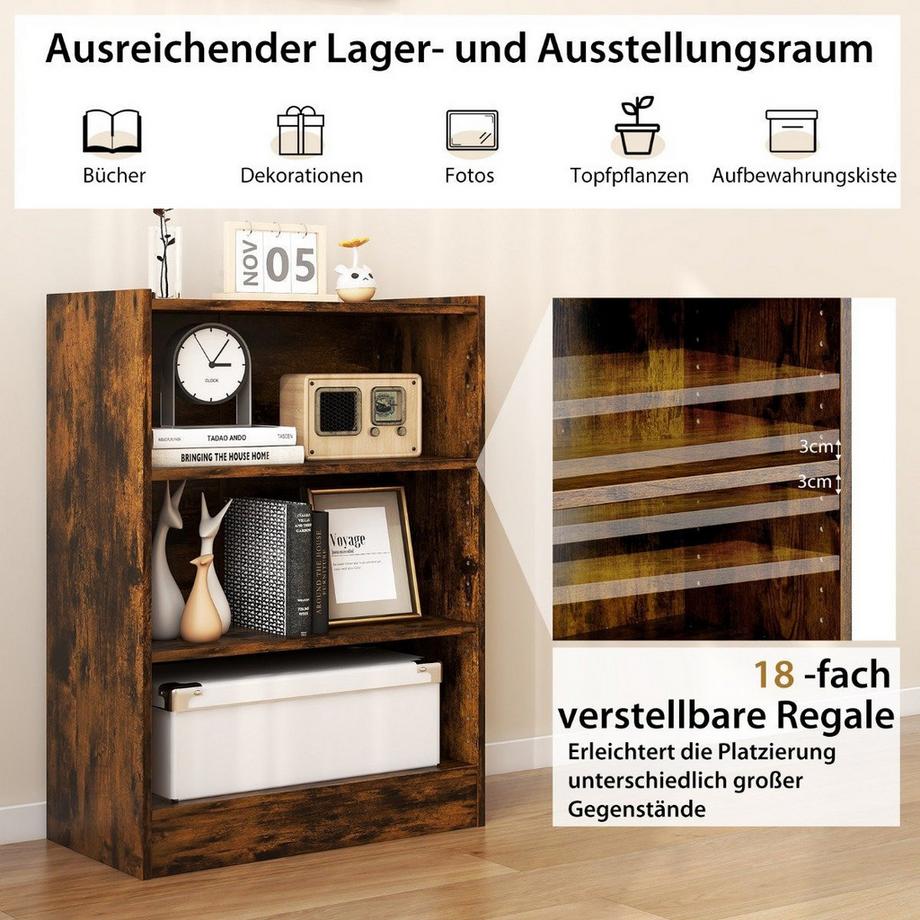 Northix 3-stöckiges Bücherregal offenes Ablageregal moderner Schrank 50 x 30 x 75 cm Braun  