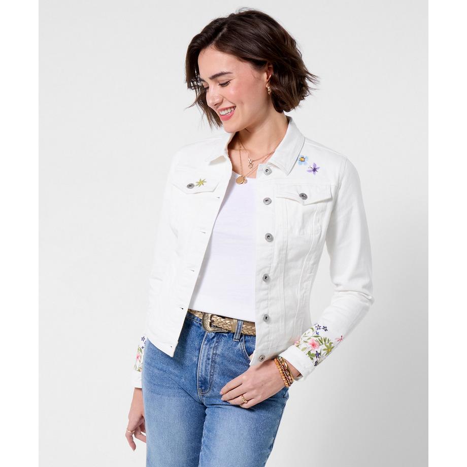 Veste en Denim Brodée Style Western avec Boutons Cloutés