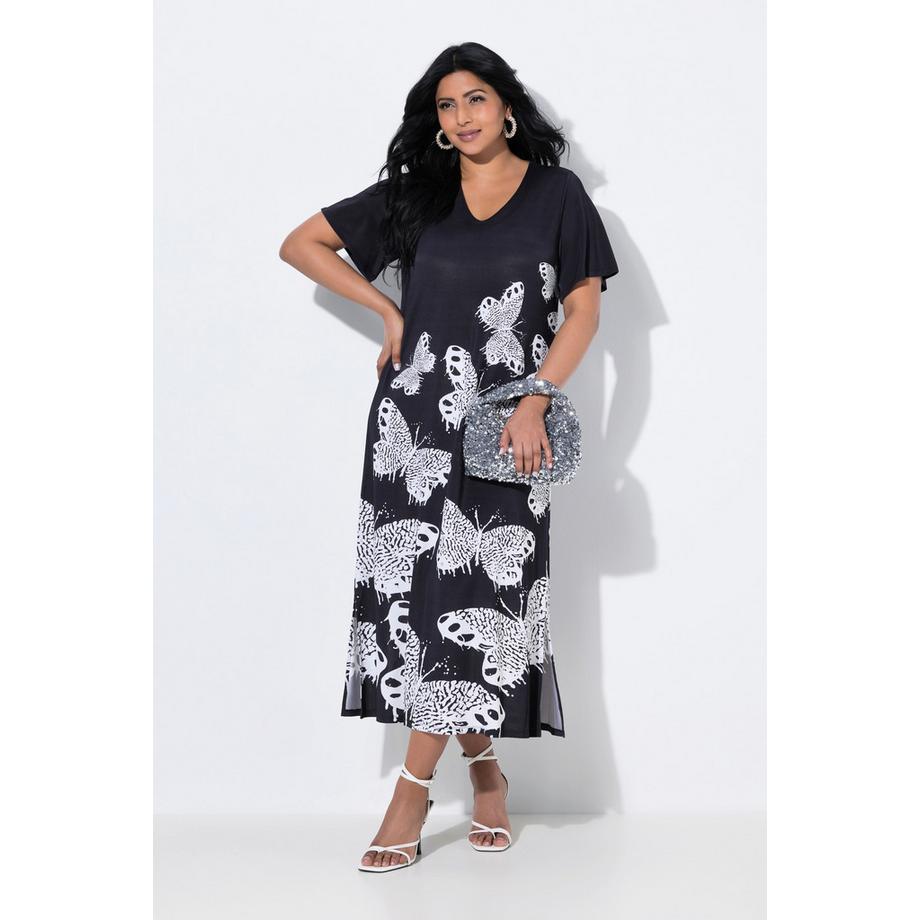 Ulla Popken Slinky Schmetterling V-Ausschnitt Halbarm Midikleid  