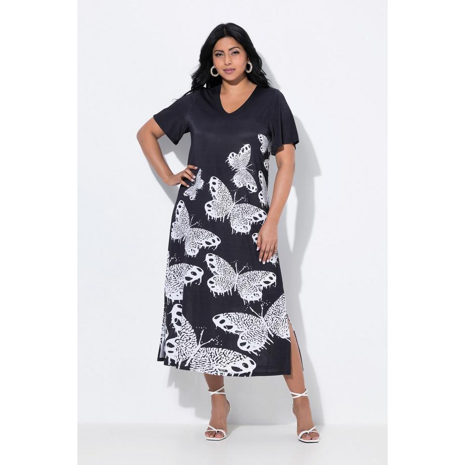 Ulla Popken Slinky Schmetterling V-Ausschnitt Halbarm Midikleid  