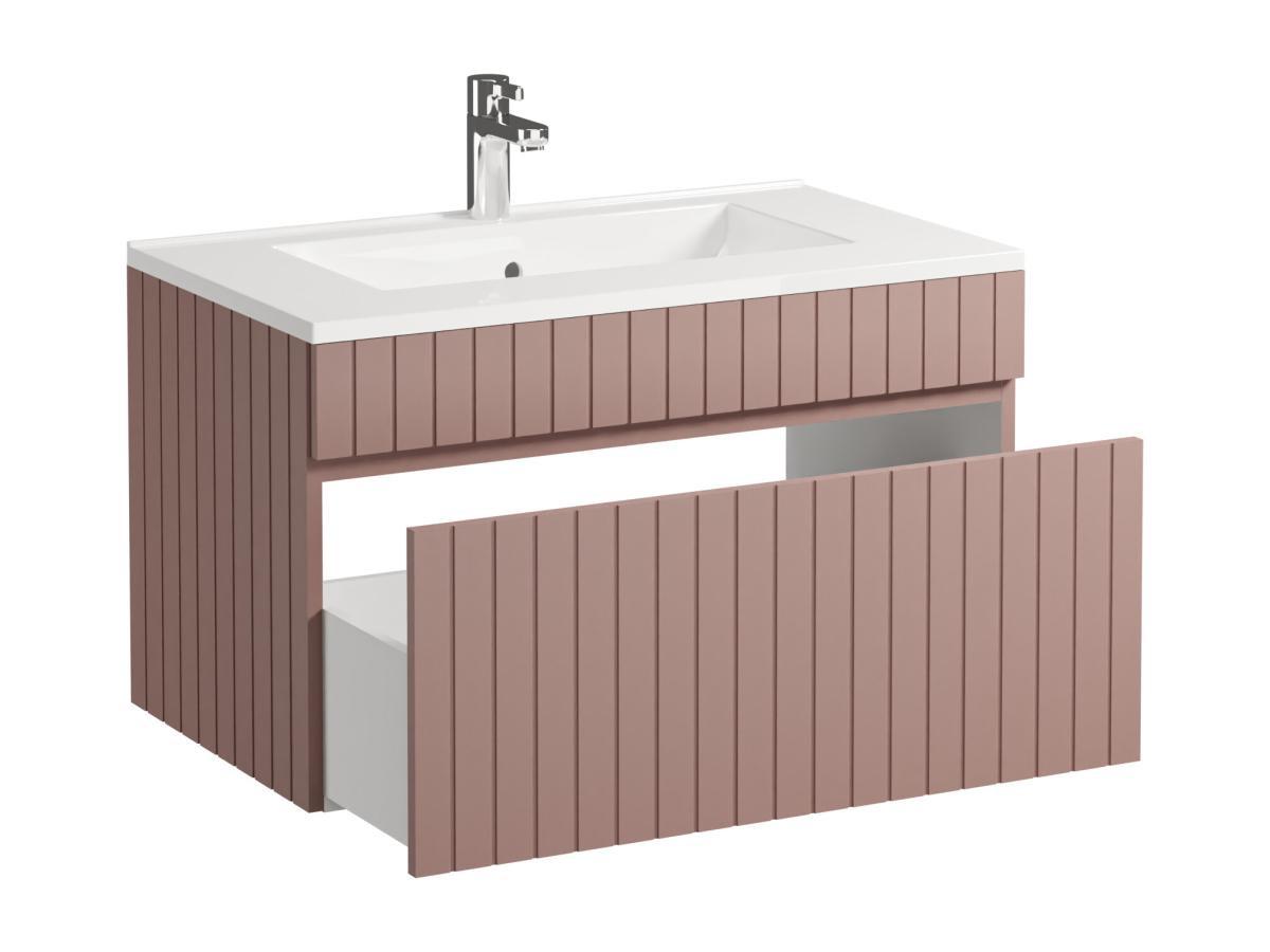 Vente-unique Mobile per bagno sospeso scanalato con lavabo da incasso 80 cm Rosa - SATARA  