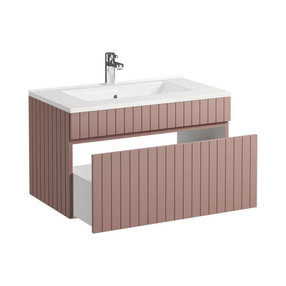 Vente-unique Meuble de salle de bain suspendu strié rose avec vasque à encastrer - 80 cm  - SATARA  