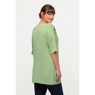 Ulla Popken  T-shirt Classic avec broderie florale, décolleté en V et manches courtes 