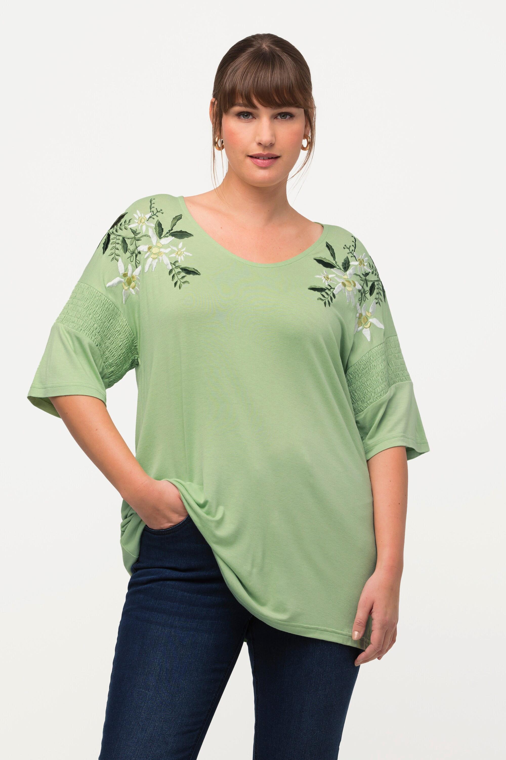 Ulla Popken  T-shirt Classic avec broderie florale, décolleté en V et manches courtes 