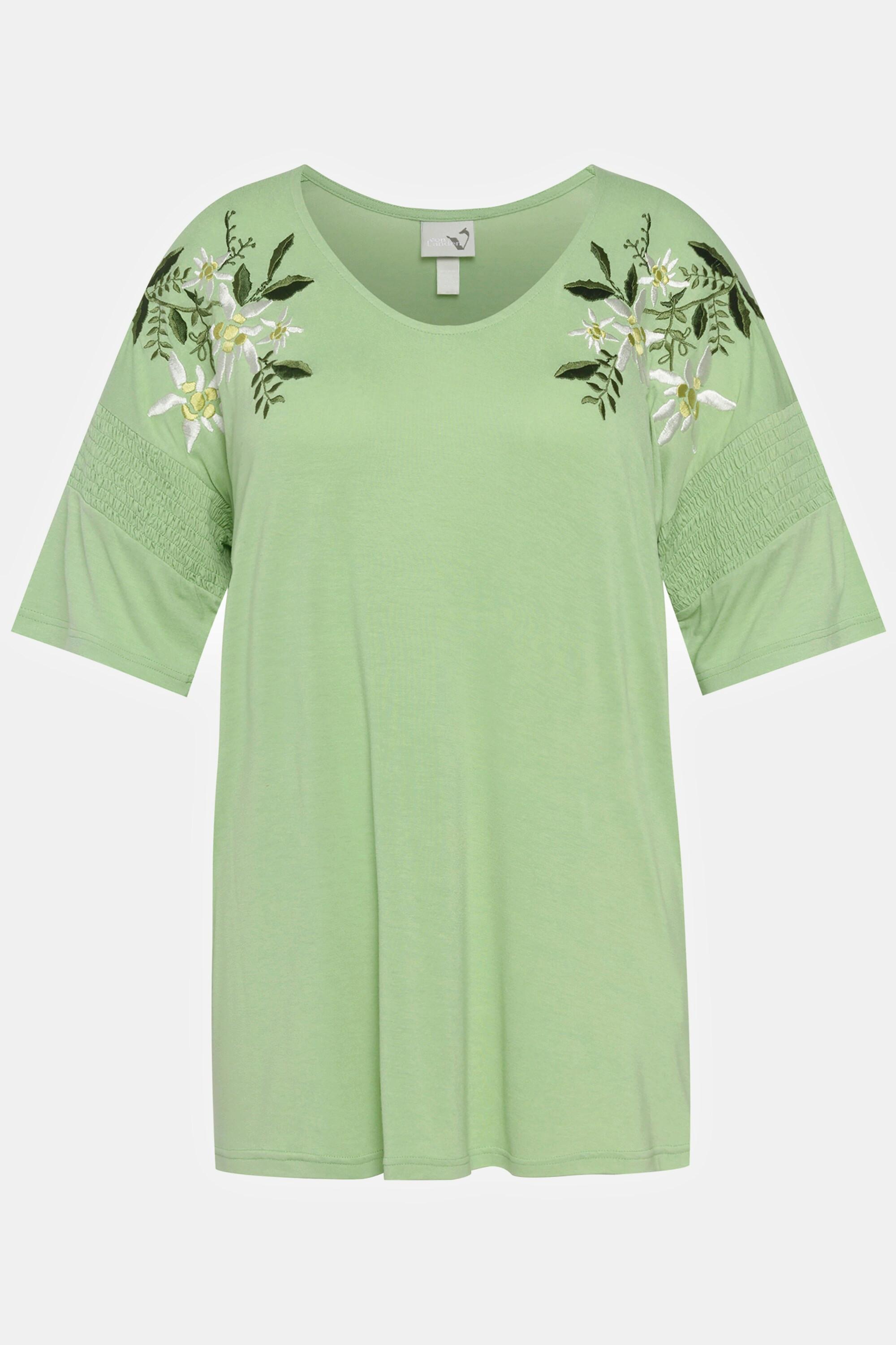 Ulla Popken  T-shirt Classic avec broderie florale, décolleté en V et manches courtes 