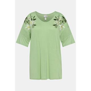 Ulla Popken  T-shirt Classic avec broderie florale, décolleté en V et manches courtes 