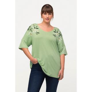 Ulla Popken  T-shirt Classic avec broderie florale, décolleté en V et manches courtes 