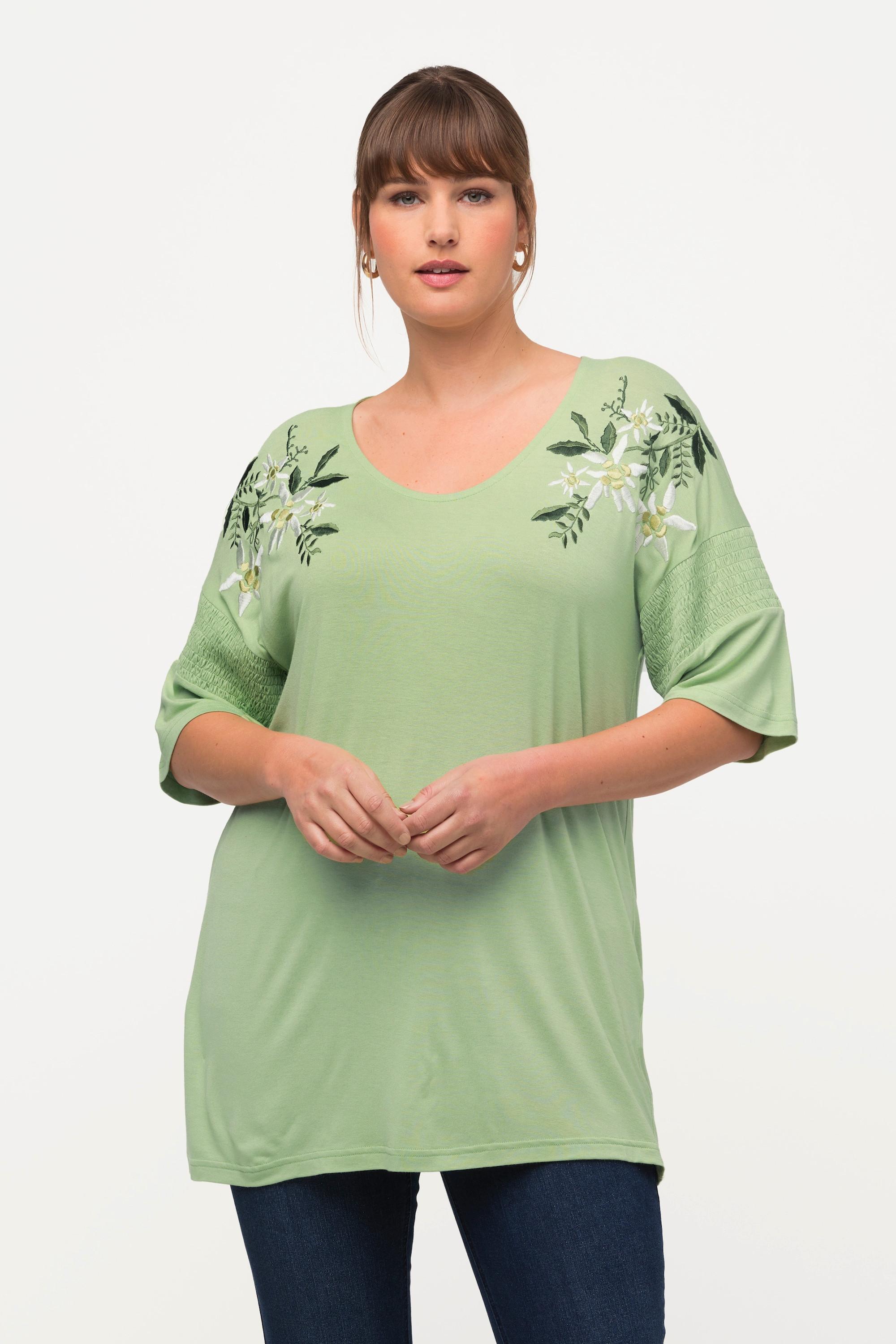 Ulla Popken  T-shirt Classic avec broderie florale, décolleté en V et manches courtes 