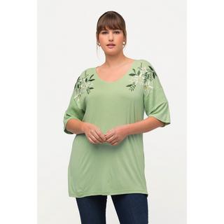 Ulla Popken  T-shirt Classic avec broderie florale, décolleté en V et manches courtes 