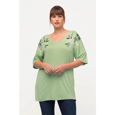 Ulla Popken  T-shirt Classic avec broderie florale, décolleté en V et manches courtes 