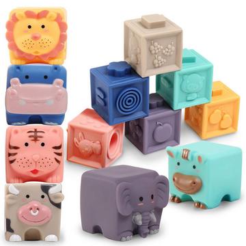 Jouets de construction pour bébé Blocs souples à presser, 12 pièces Animaux et comptage Jouets de bain